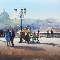 Акварель. Панорама солнечного города