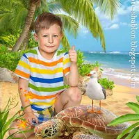 Детский летний морской фотошаблон в PSD "Черепахи на море"