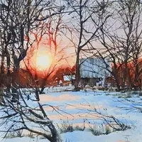 Акварельный пейзаж: Зимнее солнце