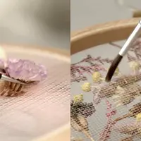 Вышивка тюлем с натуральными цветами и растениями