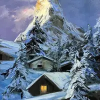 Горный пейзаж с домиком + Подснежники