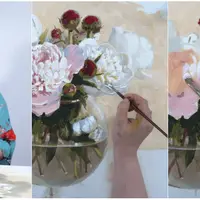 Разноцветные пионы в круглой вазе маслом