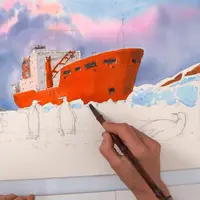 Антарктический пейзаж с пингвинами акварелью