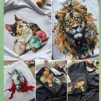 Роспись по ткани: акварельная лошадь, мухоморы, котенок, лев